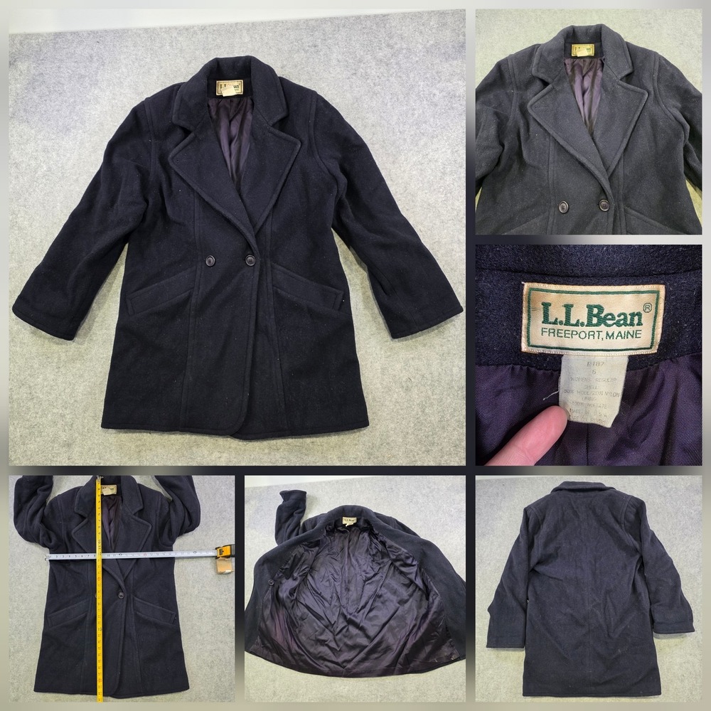 Vintage LL Bean Coat Womens 6 Blue Wool Tweed Lined Button Overcoat‎ Mid Length